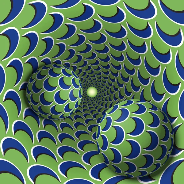 Illusione ottica illustrazione. Due palle si muovono in un buco chiazzato. Mezzaluna blu su oggetti modello verde. Fantasia astratta in uno stile surreale . — Vettoriale Stock