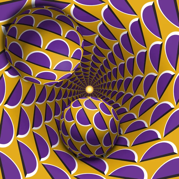 Illusione ottica illustrazione. Due palle si muovono in un buco chiazzato. Mezzaluna viola su oggetti a motivo giallo. Fantasia astratta in uno stile surreale . — Vettoriale Stock