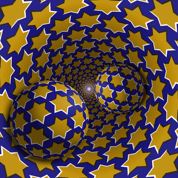 Оптическая иллюзия. Два шара движутся в пятнистой дыре. Желтые звёзды на объектах голубого цвета. Абстрактная фантазия в сюрреалистическом стиле
.