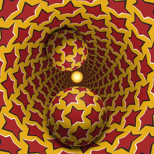 Optische Illustration. Zwei Kugeln bewegen sich im gesprenkelten Loch. rote Sterne auf gelben Musterobjekten. abstrakte Fantasie im surrealen Stil. — Stockvektor