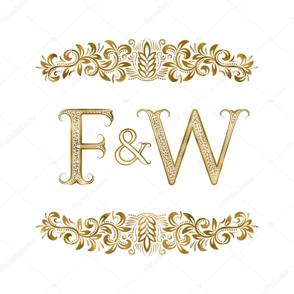 F and W vintage initials logo symbol. The letters are surrounded by ornamental elements. Wedding or business partners monogram in royal style.