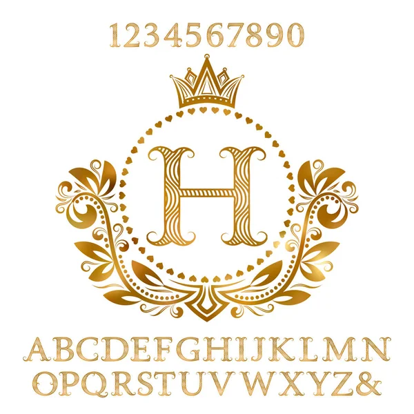 Letras y números con dibujos ondulados dorados con monograma inicial en forma de escudo de armas. Brillante fuente y elementos kit para el diseño del logotipo . — Archivo Imágenes Vectoriales