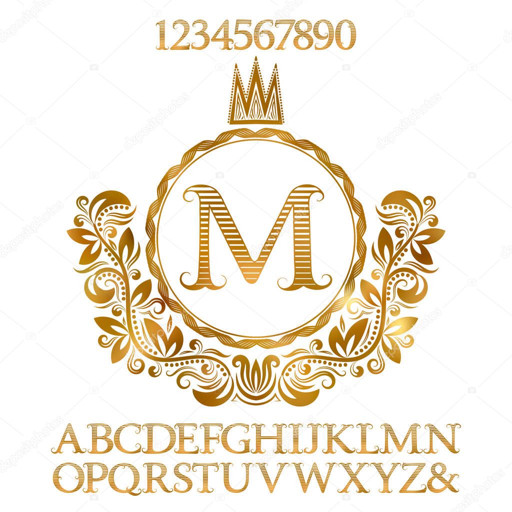 Golden striped letters and numbers with initial monogram in coat of arms form. Shining font and elements kit for logo design.