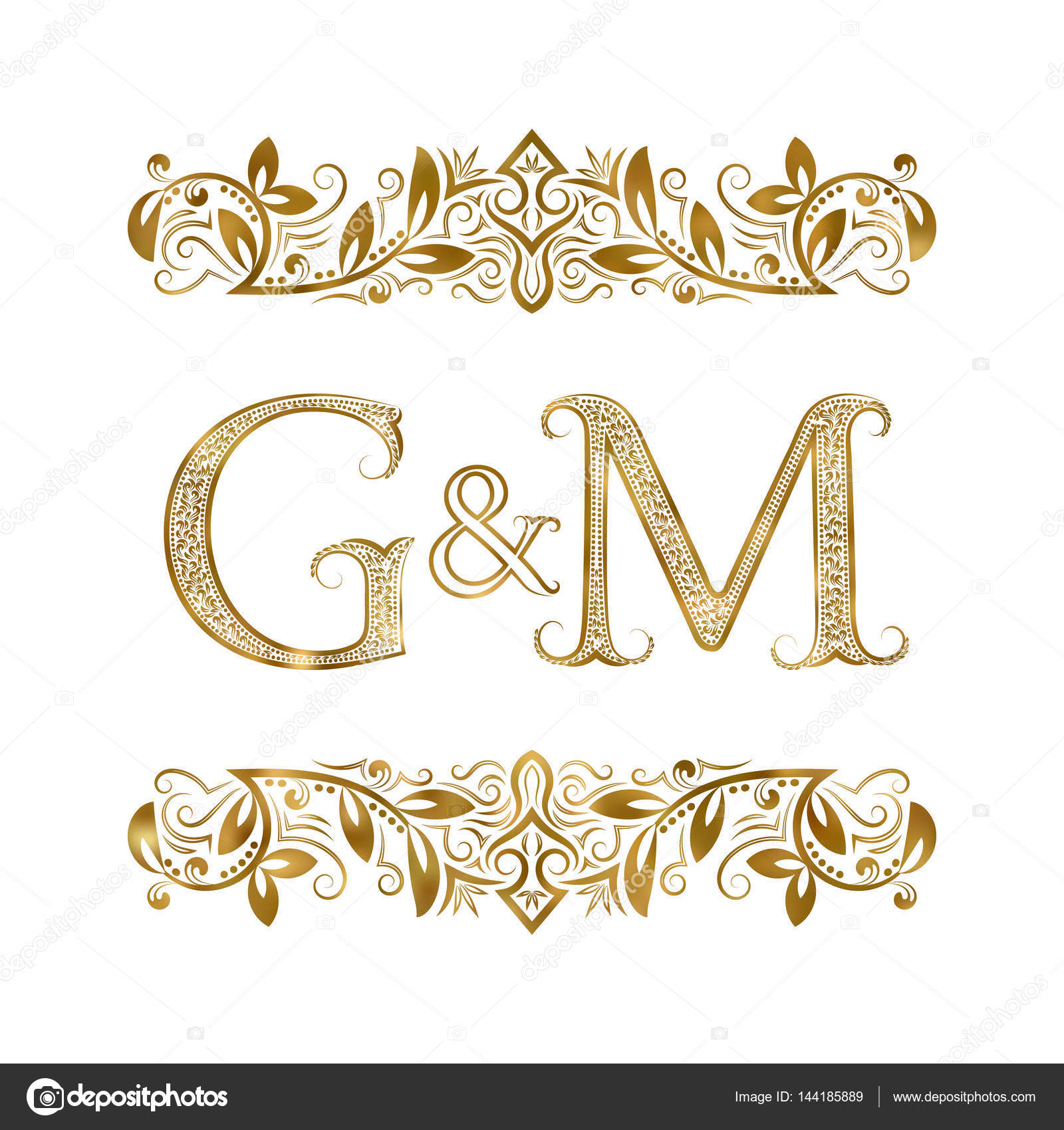 G 和M 老式英文缩写标志符号。这些信件被包围装饰性元素。婚礼或业务伙伴会标在皇家风格. 图库矢量图©vectordivider 144185889