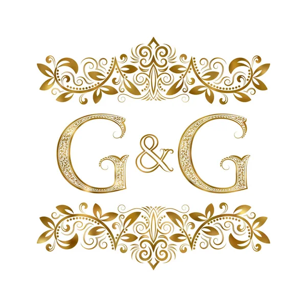 Simbolo logo G e G con iniziali vintage. Le lettere sono circondate da elementi ornamentali. Monogramma di nozze o partner commerciali in stile reale . — Vettoriale Stock