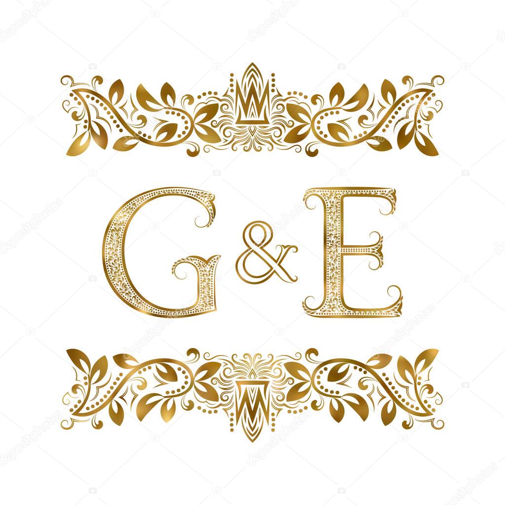 G and E vintage initials logo symbol. The letters are surrounded by ornamental elements. Wedding or business partners monogram in royal style.