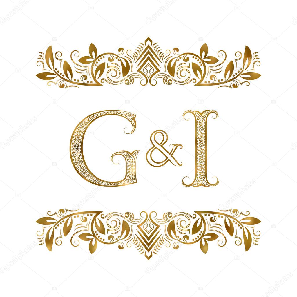 G and I vintage initials logo symbol. The letters are surrounded by ornamental elements. Wedding or business partners monogram in royal style.