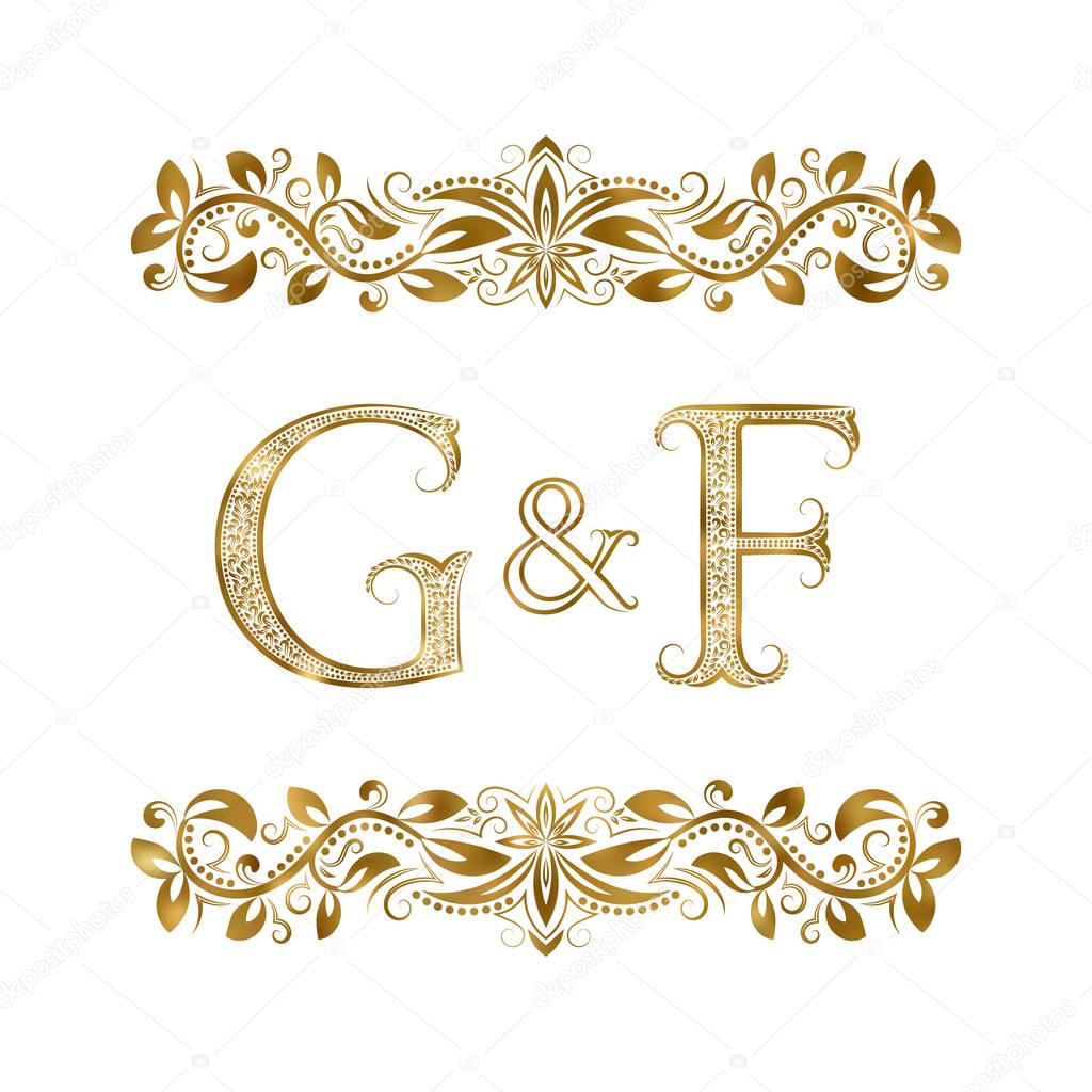 G and F vintage initials logo symbol. The letters are surrounded by ornamental elements. Wedding or business partners monogram in royal style.