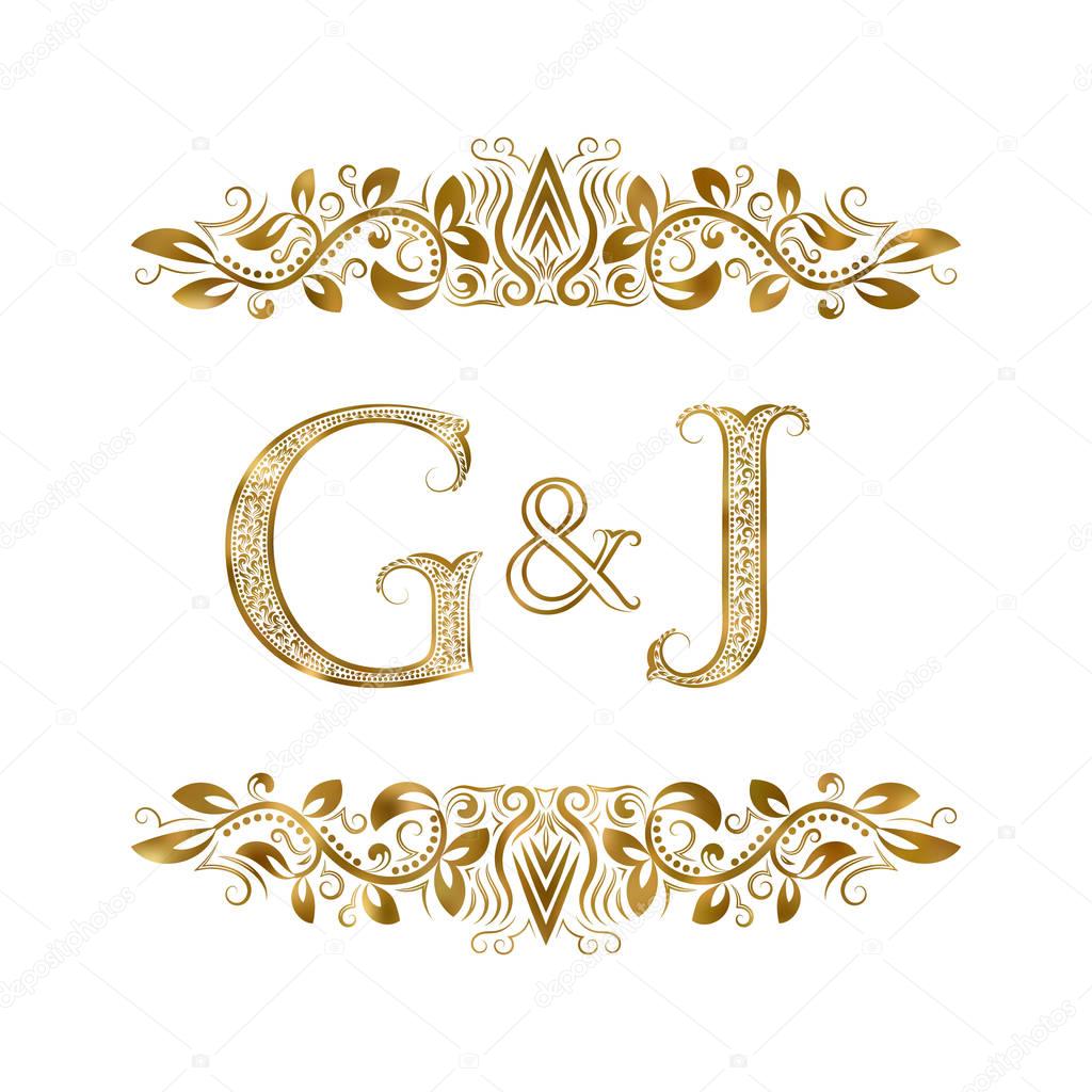 G and J vintage initials logo symbol. The letters are surrounded by ornamental elements. Wedding or business partners monogram in royal style.