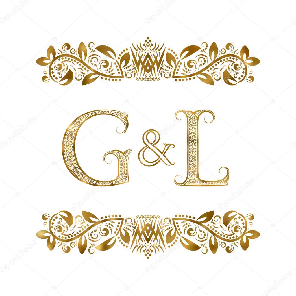 G and L vintage initials logo symbol. The letters are surrounded by ornamental elements. Wedding or business partners monogram in royal style.
