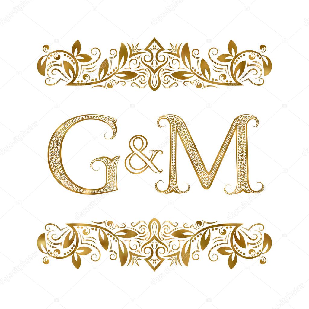 G and M vintage initials logo symbol. The letters are surrounded by ornamental elements. Wedding or business partners monogram in royal style.