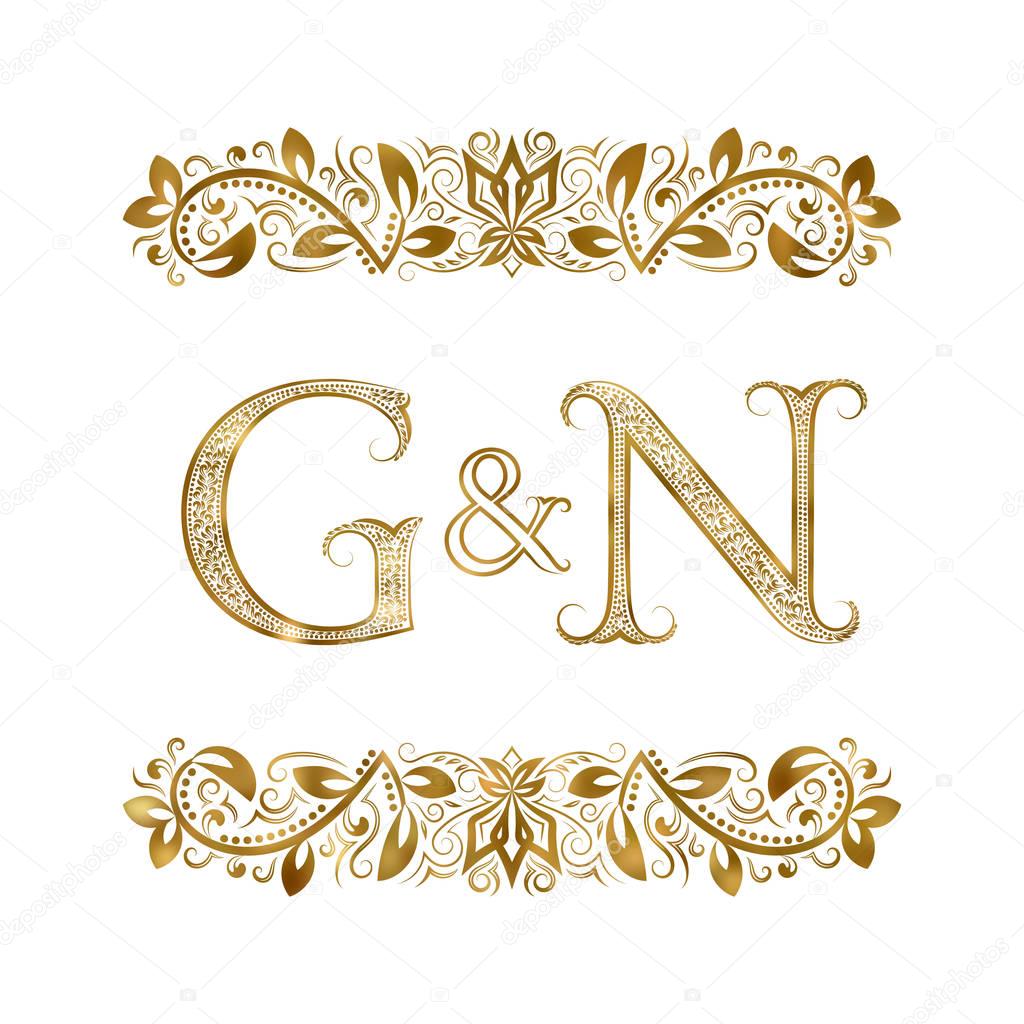G and N vintage initials logo symbol. The letters are surrounded by ornamental elements. Wedding or business partners monogram in royal style.
