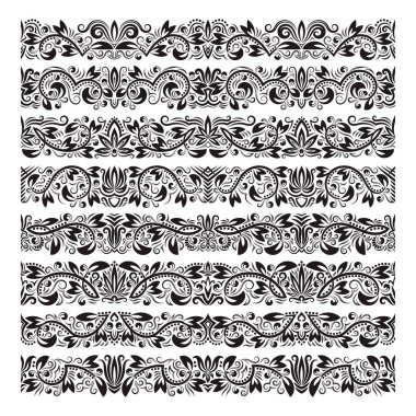 Vintage sınır fırçalar şablonları kümesi. Çerçeve tasarım ve sayfa süslemeleri için Barok çiçek öğeleri.