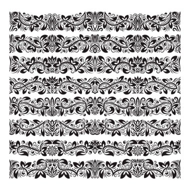 Vintage sınır fırçalar şablonları kümesi. Çerçeve tasarım ve sayfa süslemeleri için Barok çiçek öğeleri.