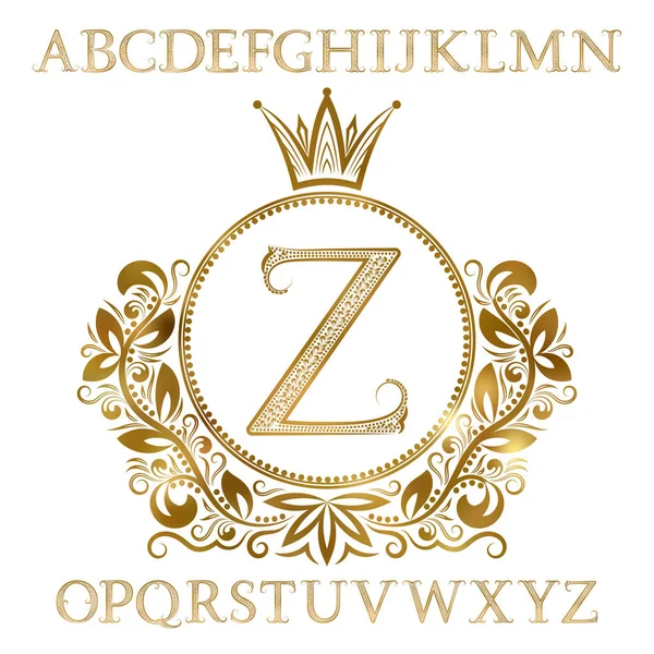 Gouden gedessineerde letters met eerste monogram in wapen vorm. Stralende lettertype en elementen kit voor logo ontwerp. — Stockvector