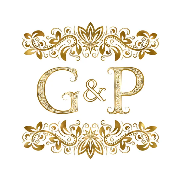 G і P вінтажні ініціали логотип символ. Літери оточені декоративними елементами. Монограма весільних або ділових партнерів в королівському стилі . — стоковий вектор