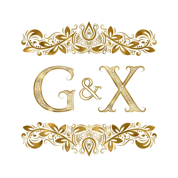 Signatura de las iniciales G y X vintage. Las letras están rodeadas de elementos ornamentales. Boda o socios de negocios monograma en estilo real . — Vector de stock