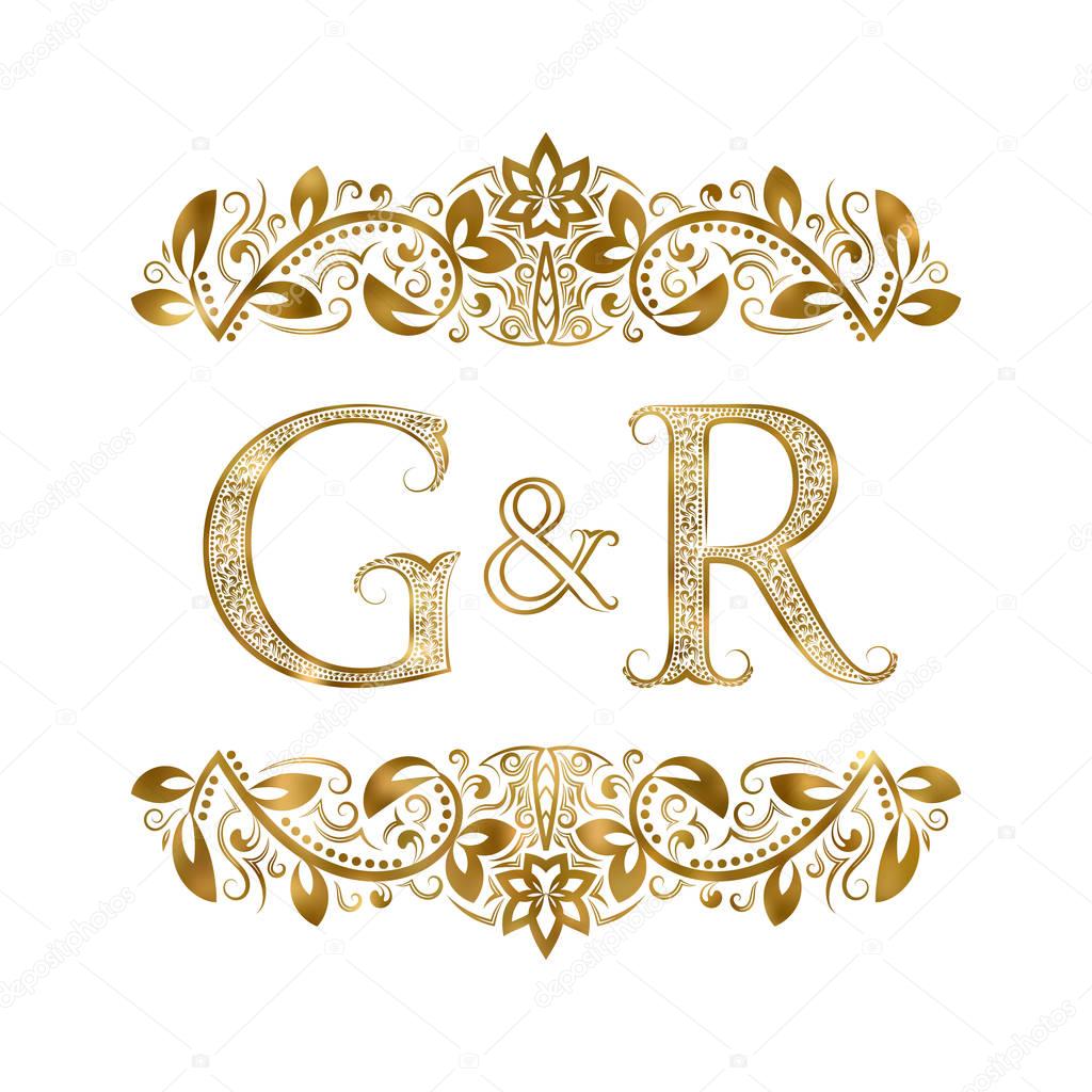 G and R vintage initials logo symbol. The letters are surrounded by ornamental elements. Wedding or business partners monogram in royal style.