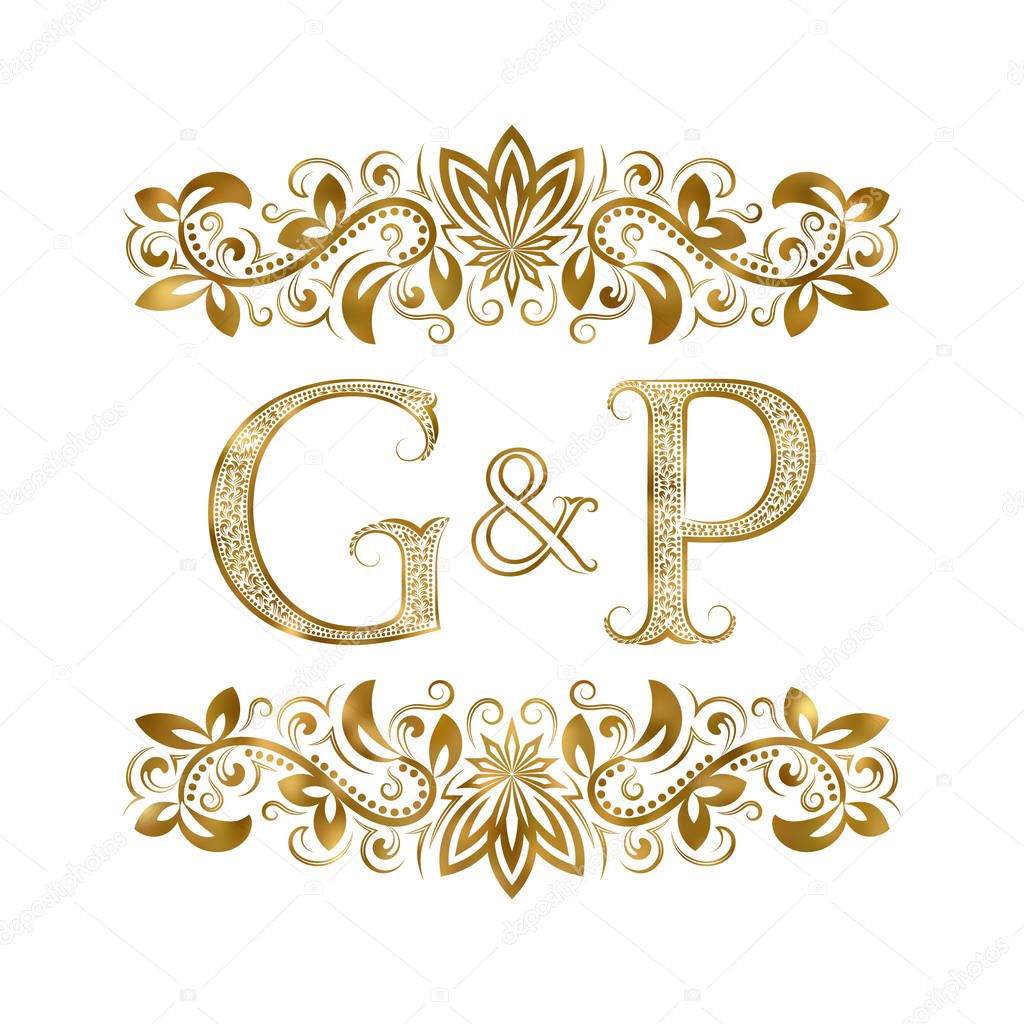 G and P vintage initials logo symbol. The letters are surrounded by ornamental elements. Wedding or business partners monogram in royal style.
