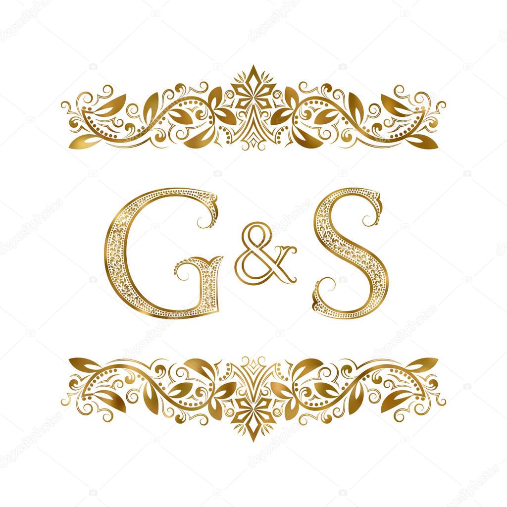 G and S vintage initials logo symbol. The letters are surrounded by ornamental elements. Wedding or business partners monogram in royal style.