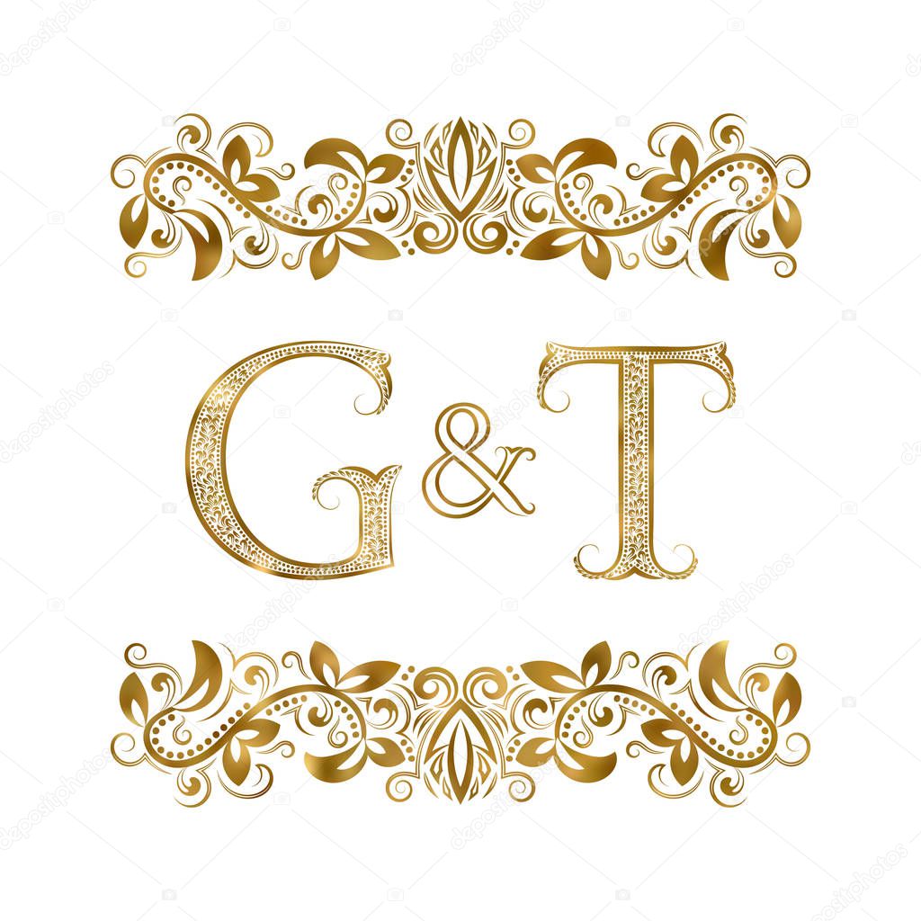 G and T vintage initials logo symbol. The letters are surrounded by ornamental elements. Wedding or business partners monogram in royal style.