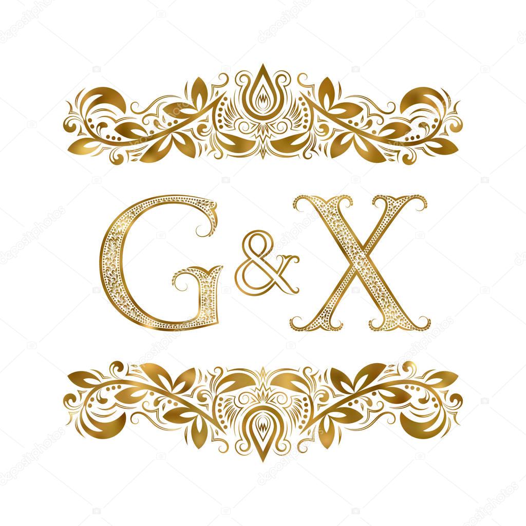 G and X vintage initials logo symbol. The letters are surrounded by ornamental elements. Wedding or business partners monogram in royal style.