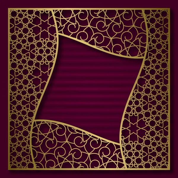 Goldener Deckelhintergrund mit traditionell gemustertem Rahmen in geschwungener quadratischer Form. — Stockvektor