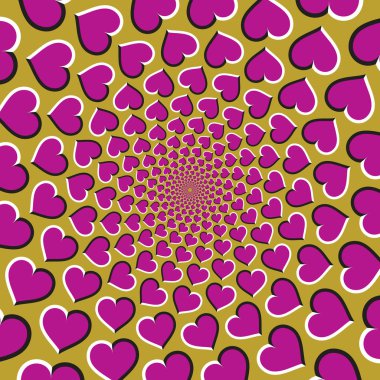 Optical motion illusion vector background. Pink hearts fly apart circularly from the center on golden background. clipart
