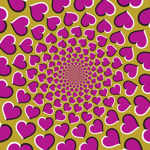 Optical motion illusion vector background. Pink hearts fly apart circularly from the center on golden background. — Stock Vector