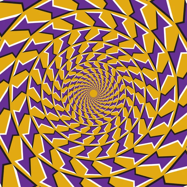 Latar belakang ilusi gerak optik. Bentuk ungu terbang terpisah secara melingkar dari pusat pada latar belakang kuning . - Stok Vektor