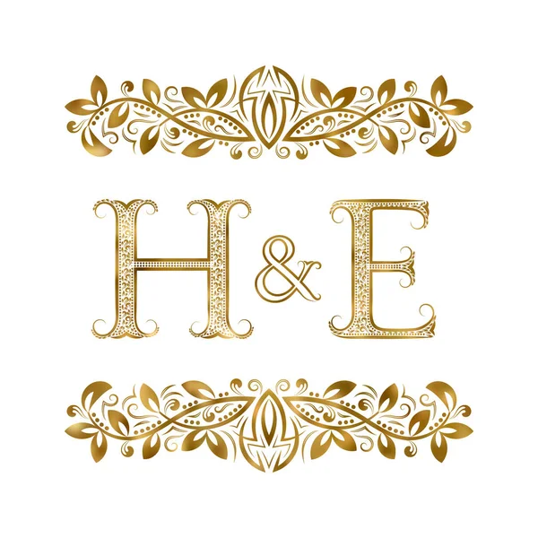 Signatura de las iniciales H y E vintage. Las letras están rodeadas de elementos ornamentales . — Archivo Imágenes Vectoriales