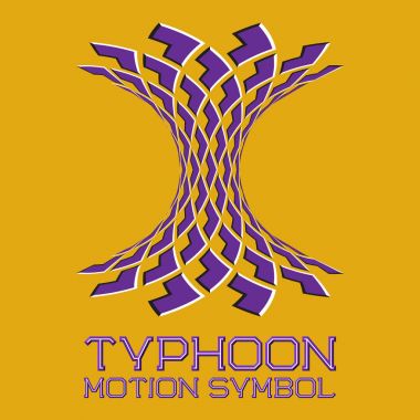 Abstract logo symbol in motion typhoon shape on yellow background. Purple emblem with moving arrows. clipart