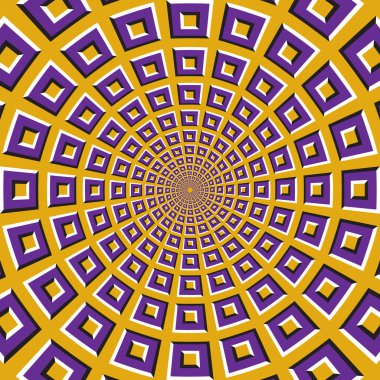 Optical motion illusion background. Purple squares fly apart circularly from the center on yellow background. clipart