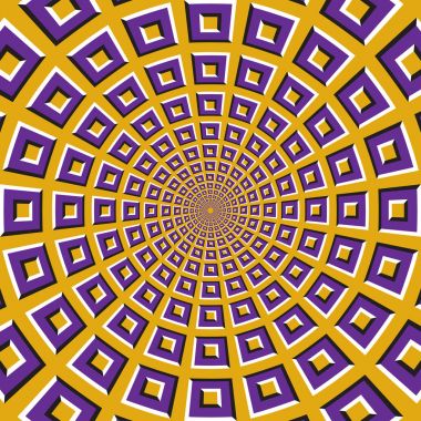 Optical motion illusion background. Purple squares fly apart circularly from the center on yellow background. clipart