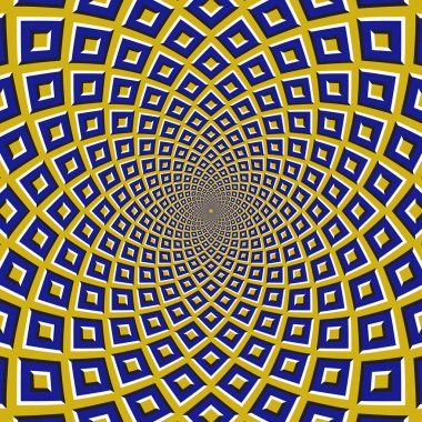 Optical motion illusion background. Blue squares fly apart circularly from the center on yellow background. clipart