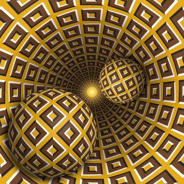 Optical illusion illustration. Two balls are moving in rotating hole. Brown blocks on yellow pattern objects. Abstract fantasy in a surreal style. clipart