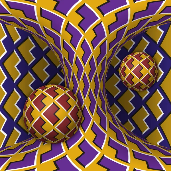Pohybu optická iluze ilustrace. Dvě koule jsou rotace kolem pohyblivé hyperboloid. Abstraktní fantazie v surrealistický styl. — Stockový vektor
