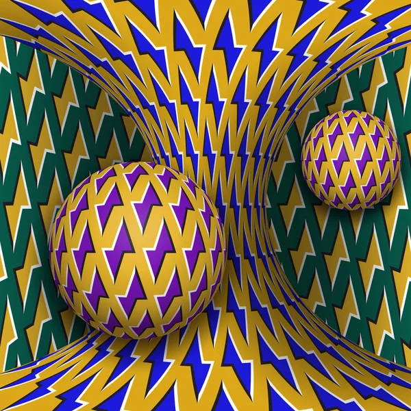 Beweging van de optische illusie illustratie. Om draaien van een bewegende hyperboloïde twee bollen. Abstracte fantasie in een surrealistische stijl. — Stockvector