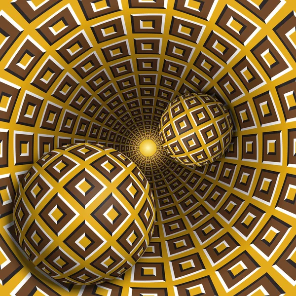 Ilustración de ilusión óptica. Dos bolas se mueven en el agujero giratorio. Bloques marrones en objetos de patrón amarillo. Fantasía abstracta en un estilo surrealista . — Vector de stock