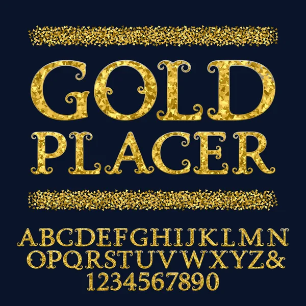 Goldene Großbuchstaben und Zahlen verkrusteten kleine glitzernde Fragmente. Vintage lockige Schrift. isoliertes englisches Alphabet mit Text Goldplacer. — Stockvektor