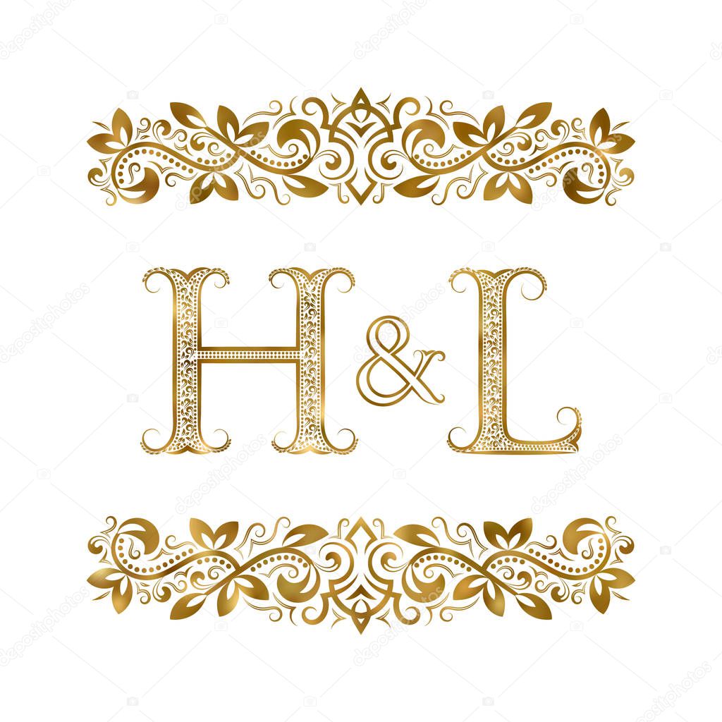H and L vintage initials logo symbol. The letters are surrounded by ornamental elements.