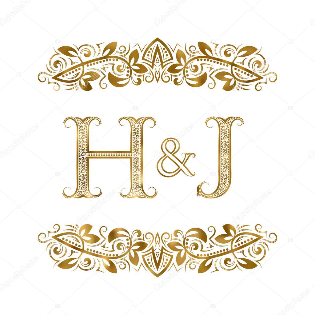 H and J vintage initials logo symbol. The letters are surrounded by ornamental elements.