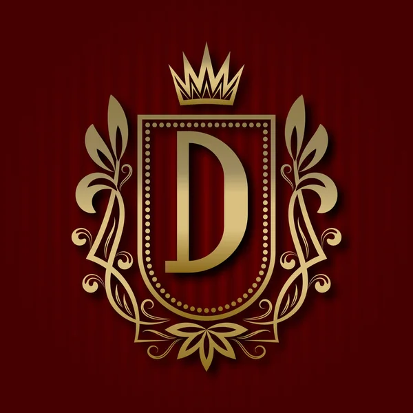 Золотий королівський герб у середньовічному стилі. Вінтажний логотип з D монограмою . — стоковий вектор