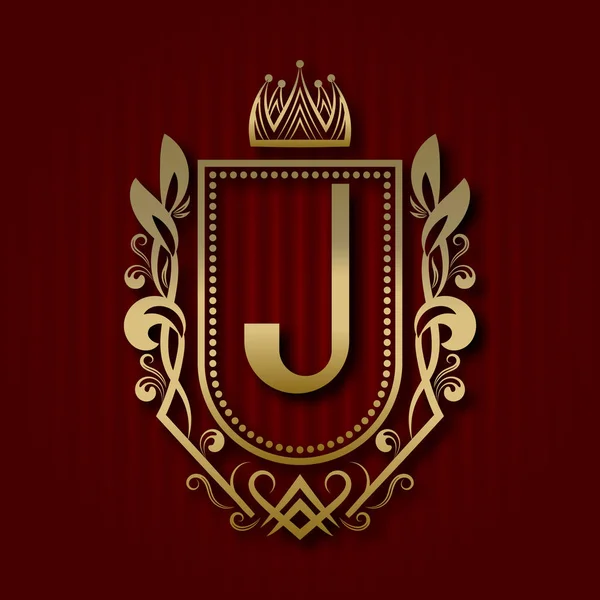 Brasão de armas real dourado em estilo medieval. Logotipo vintage com monograma J . — Vetor de Stock
