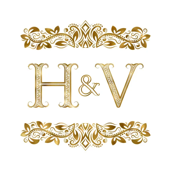 Signatura de las iniciales H y V vintage. Las letras están rodeadas de elementos ornamentales . — Archivo Imágenes Vectoriales