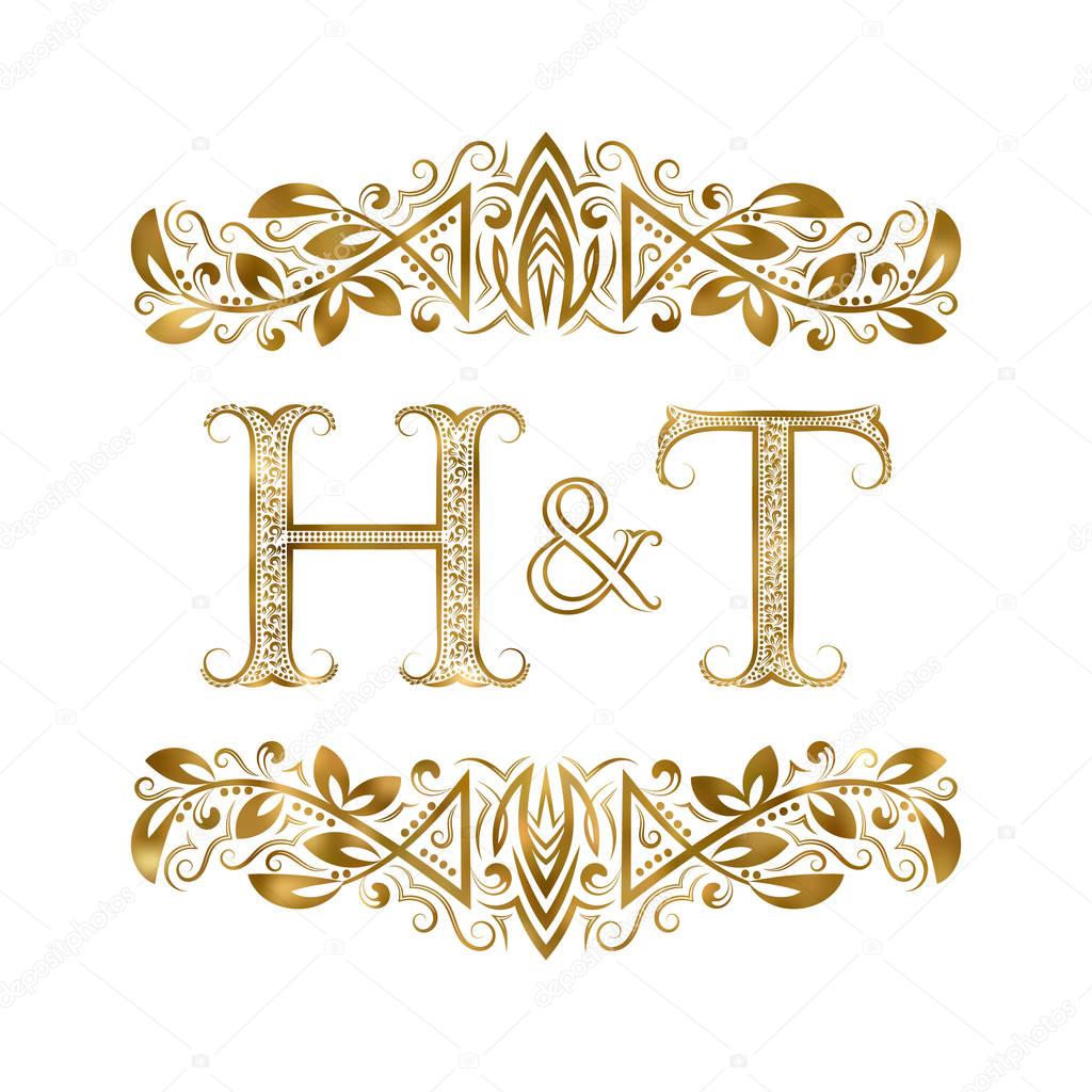 H and T vintage initials logo symbol. The letters are surrounded by ornamental elements.