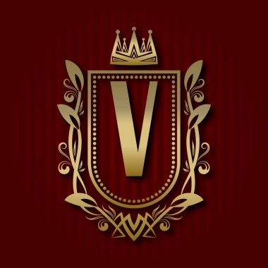 Altın Kraliyet arması Ortaçağ tarzı. V monogram ile Vintage logo.