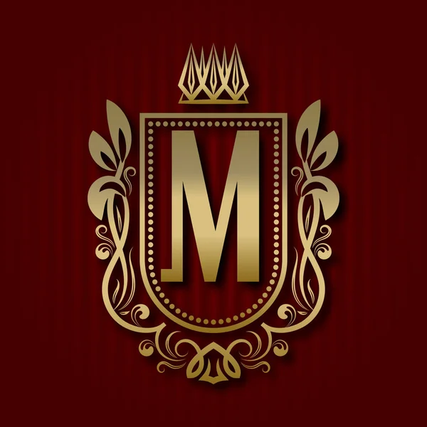 Armoiries royales dorées de style médiéval. Logo vintage avec monogramme M . — Image vectorielle