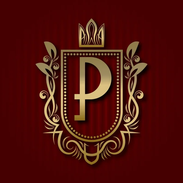 Golden royal vapensköld i medeltida stil. Vintage logo med P monogram. — Stock vektor