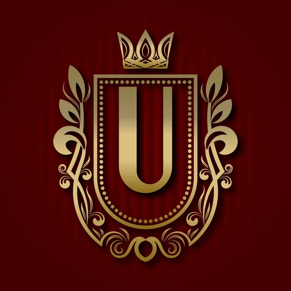 Złoty królewski herb w stylu średniowiecznym. Rocznika logo z monogramem U. — Wektor stockowy